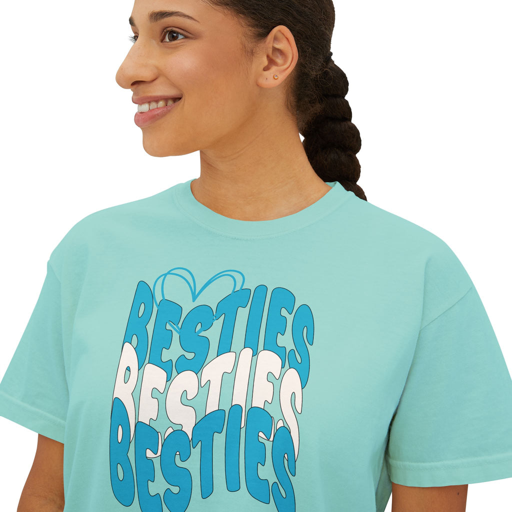 Besties Retro Boxy Tee — Blue Letters