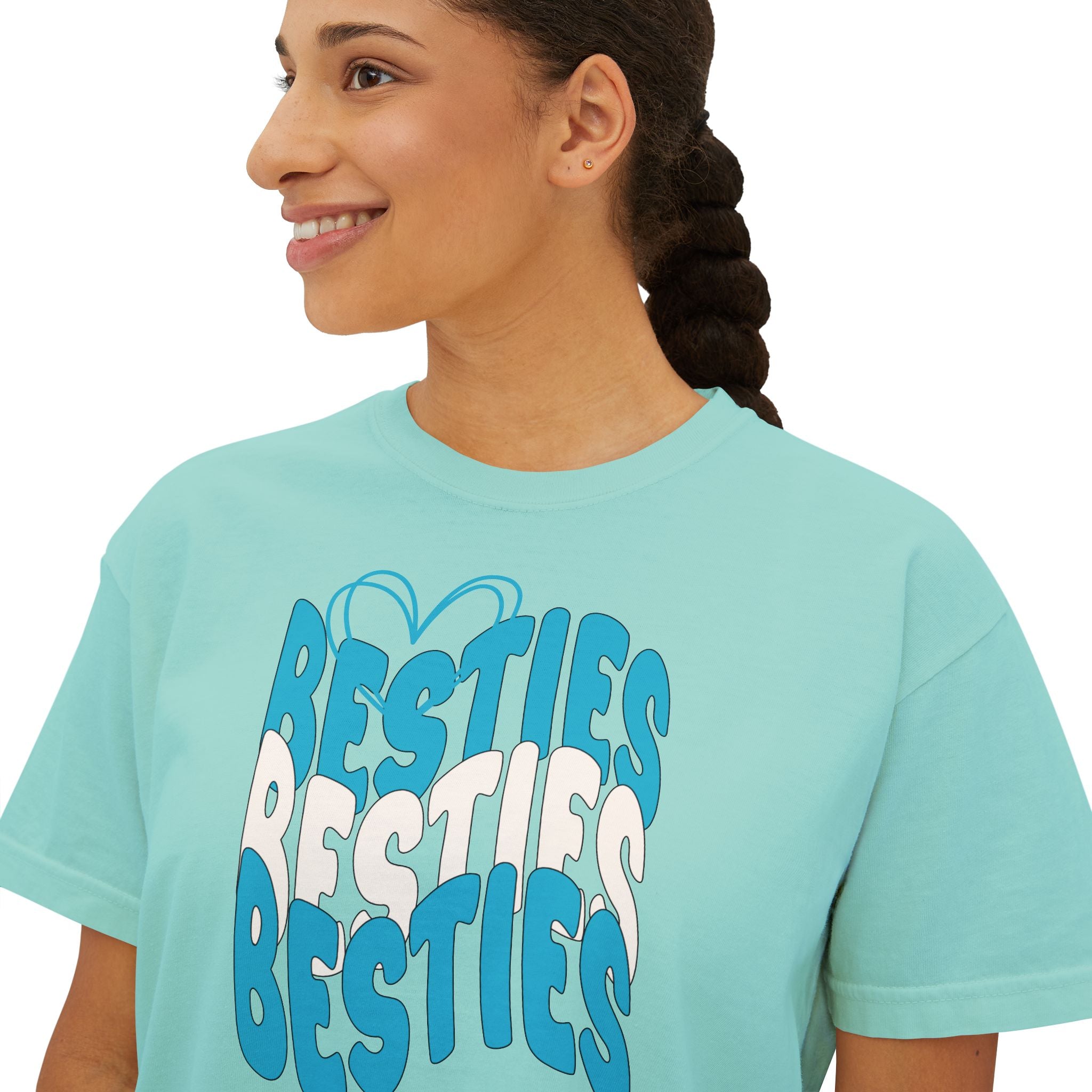 Besties Retro Boxy Tee — Blue Letters