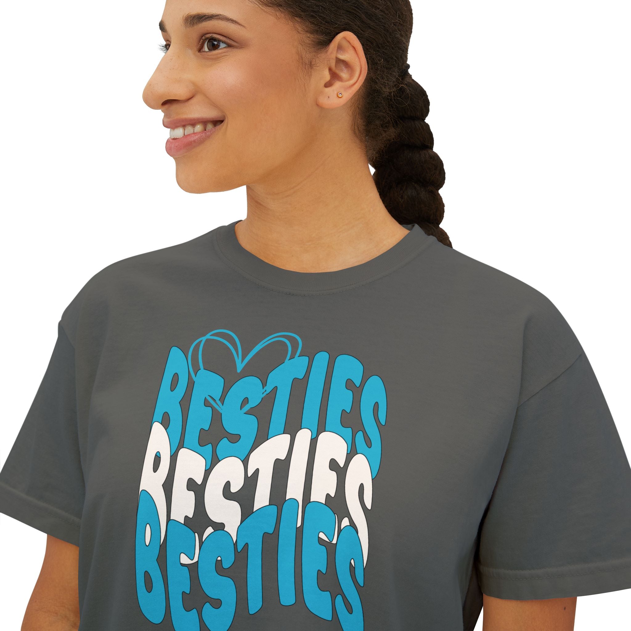 Besties Retro Boxy Tee — Blue Letters