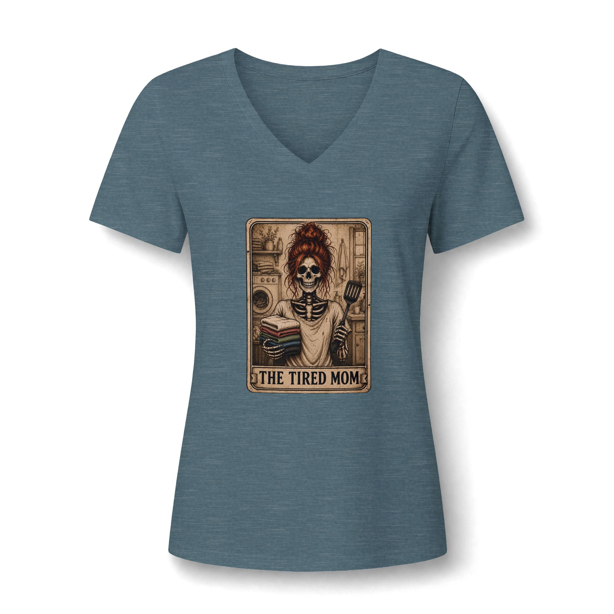"The Tired Mom" - Red Haired Skeleton V-Neck Graphic Tee