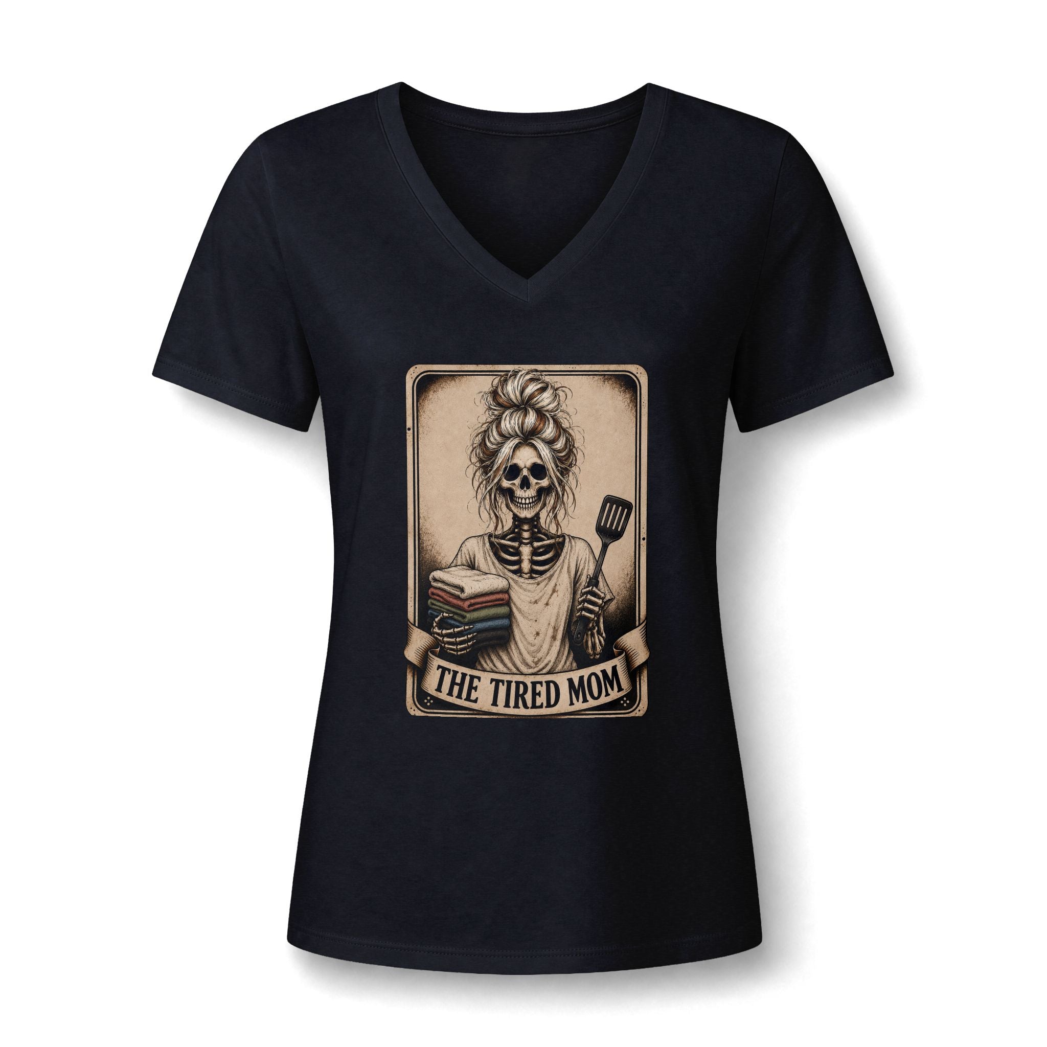 "The Tired Mom" Skeleton V-Neck Graphic Tee