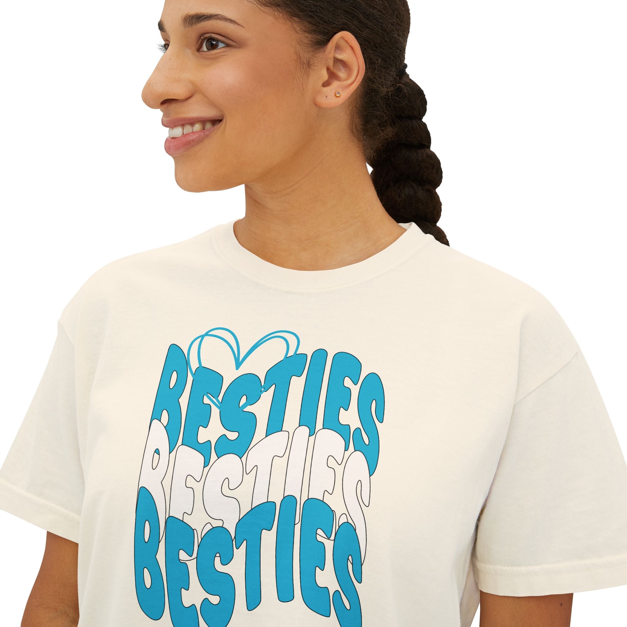 Besties Retro Boxy Tee — Blue Letters