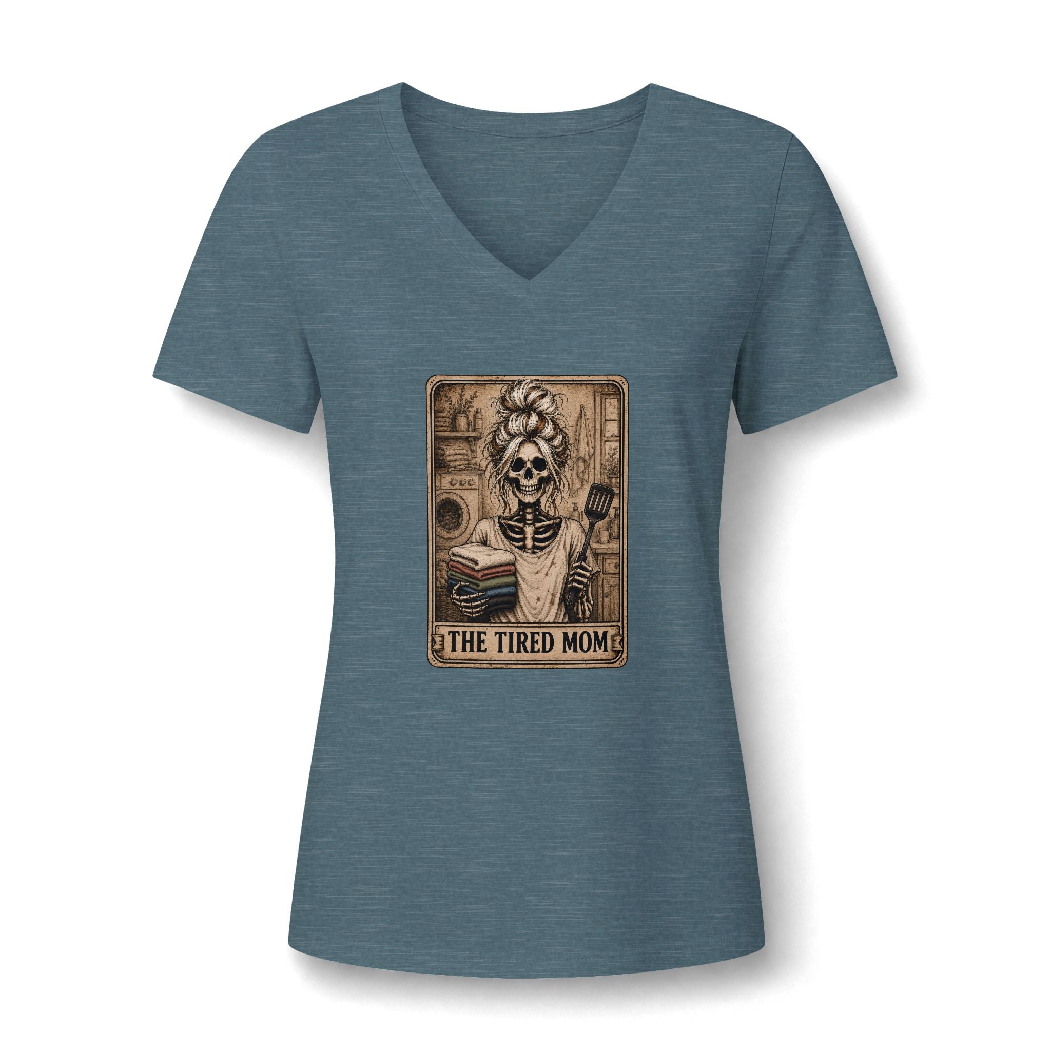"The Tired Mom" - Blonde Haired Skeleton V-Neck Graphic Tee