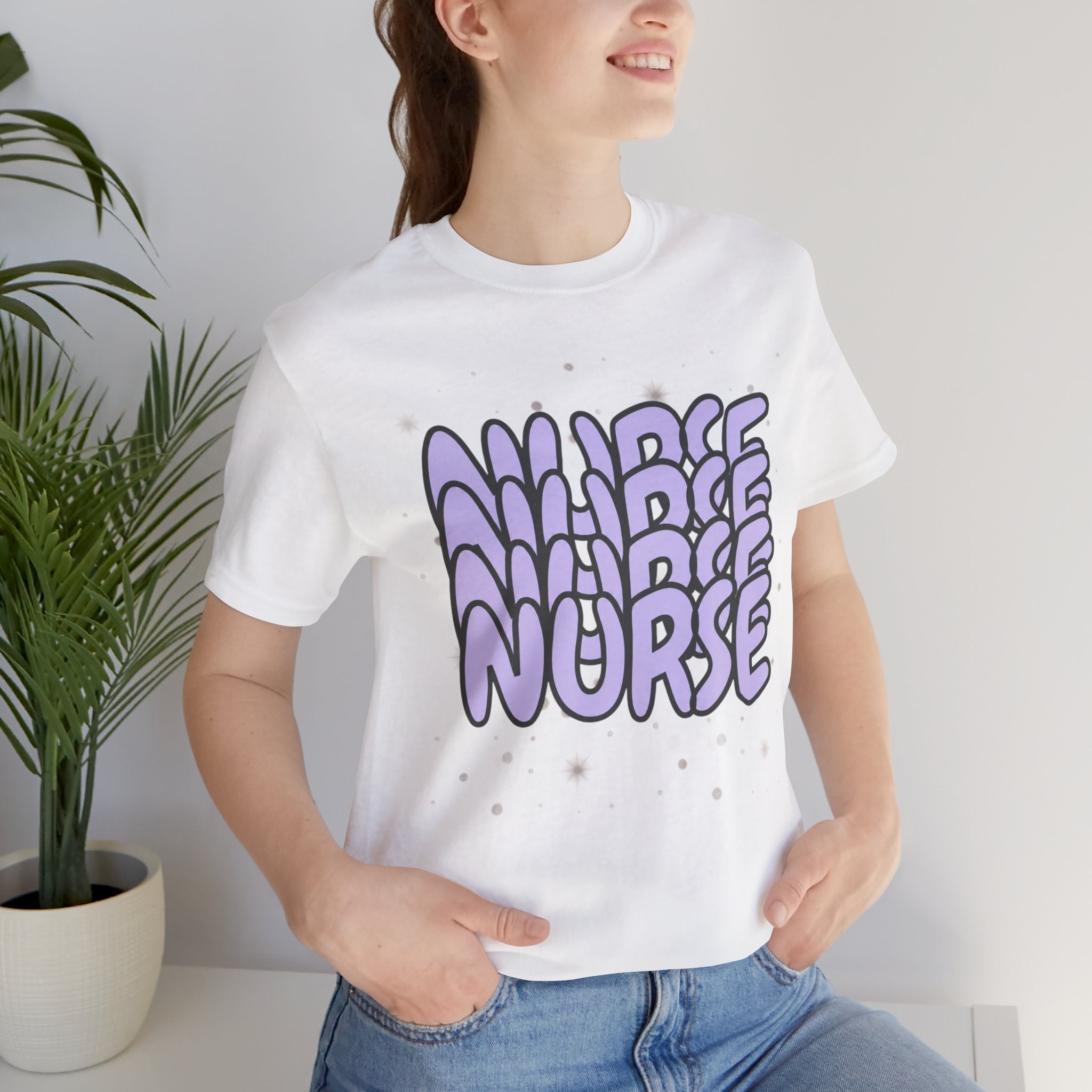 Nurse Retro Bubble Text Tee — Lavender "NURSE" Graphic T‑Shirt