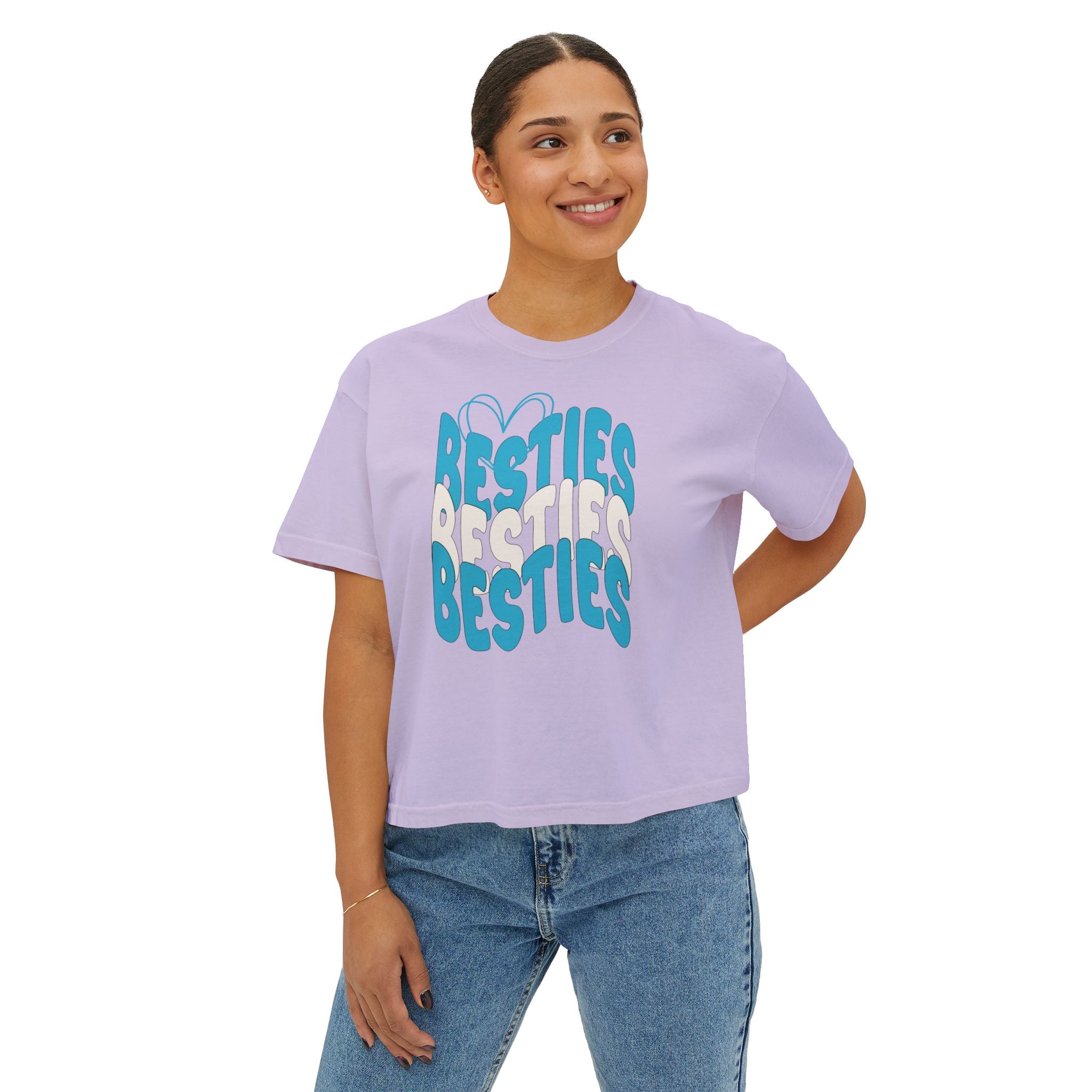Besties Retro Boxy Tee — Blue Letters