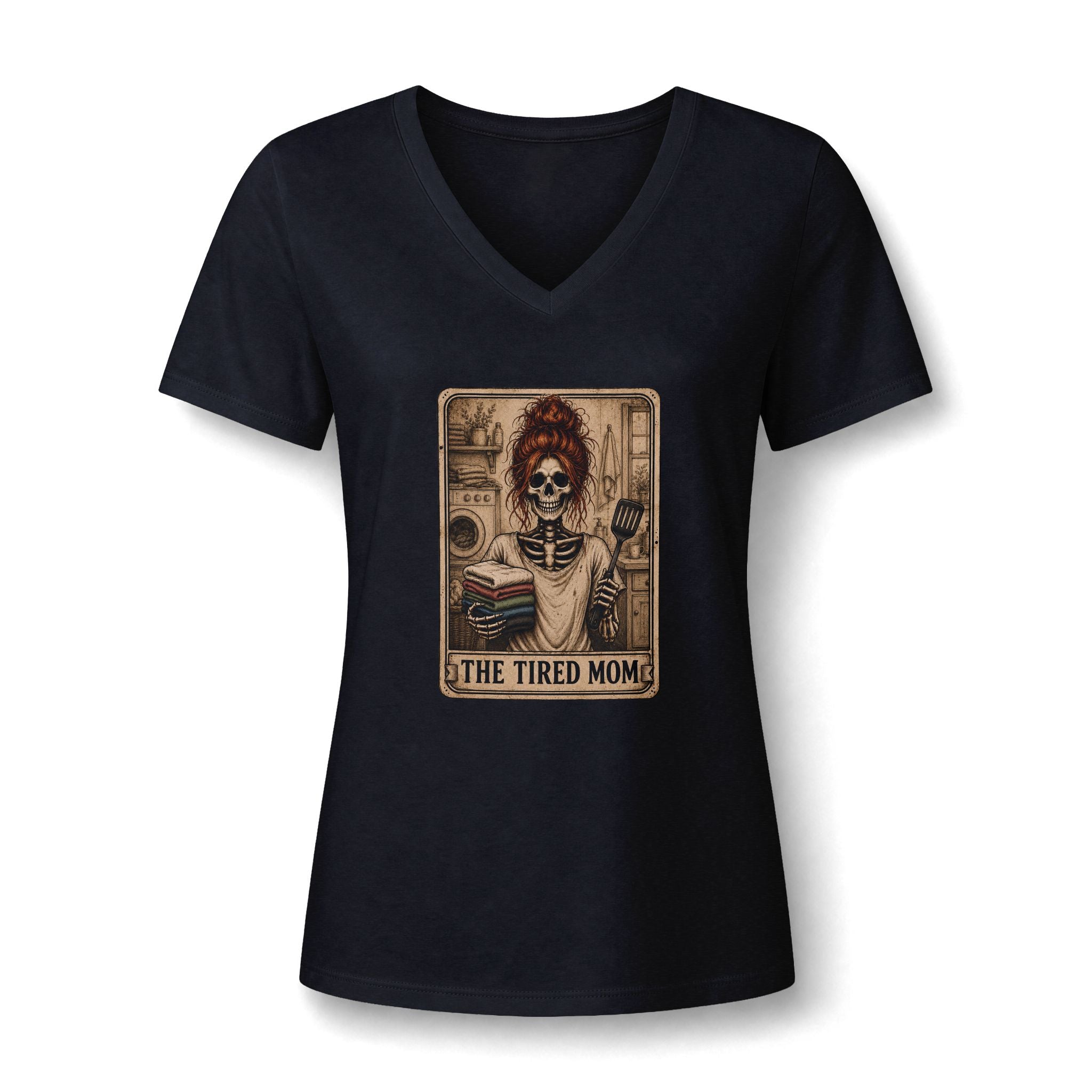 "The Tired Mom" - Red Haired Skeleton V-Neck Graphic Tee