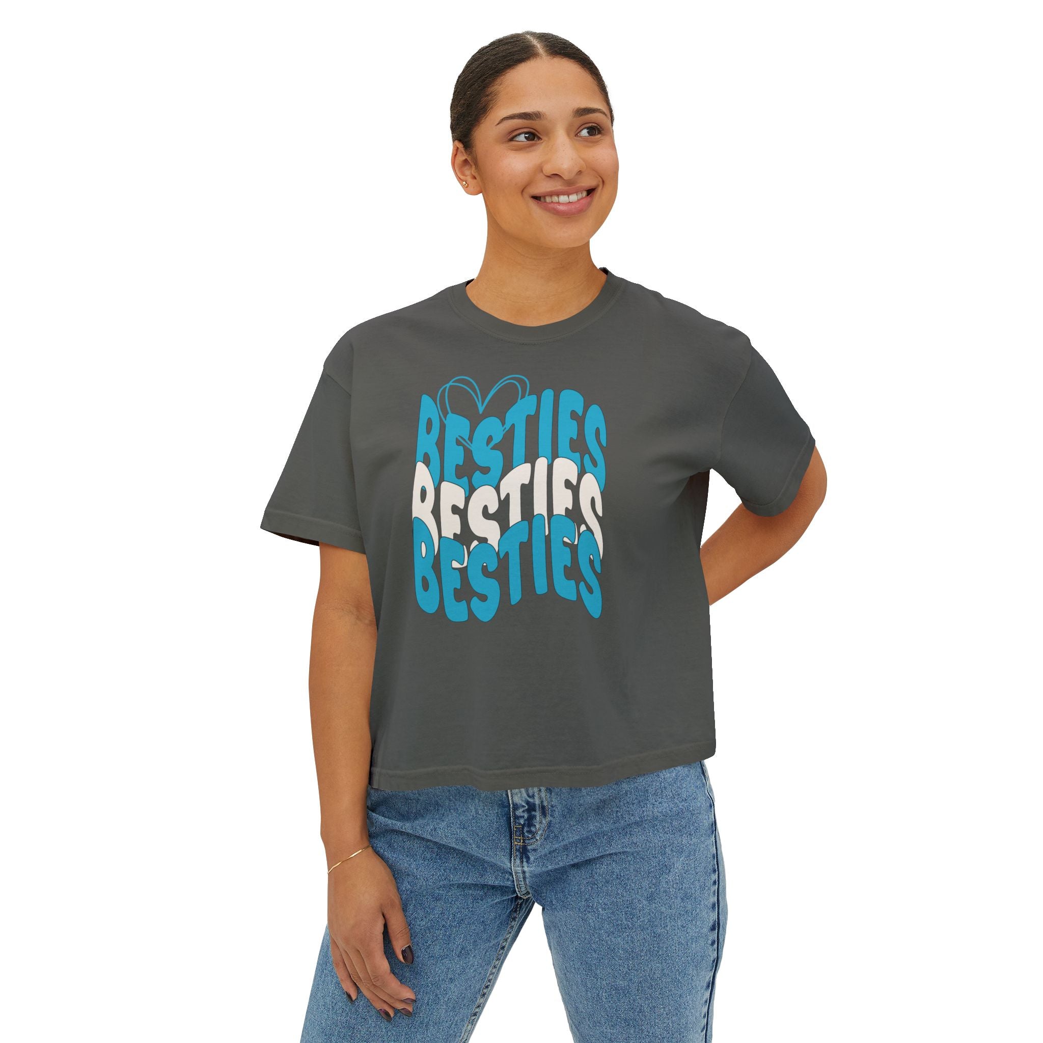 Besties Retro Boxy Tee — Blue Letters