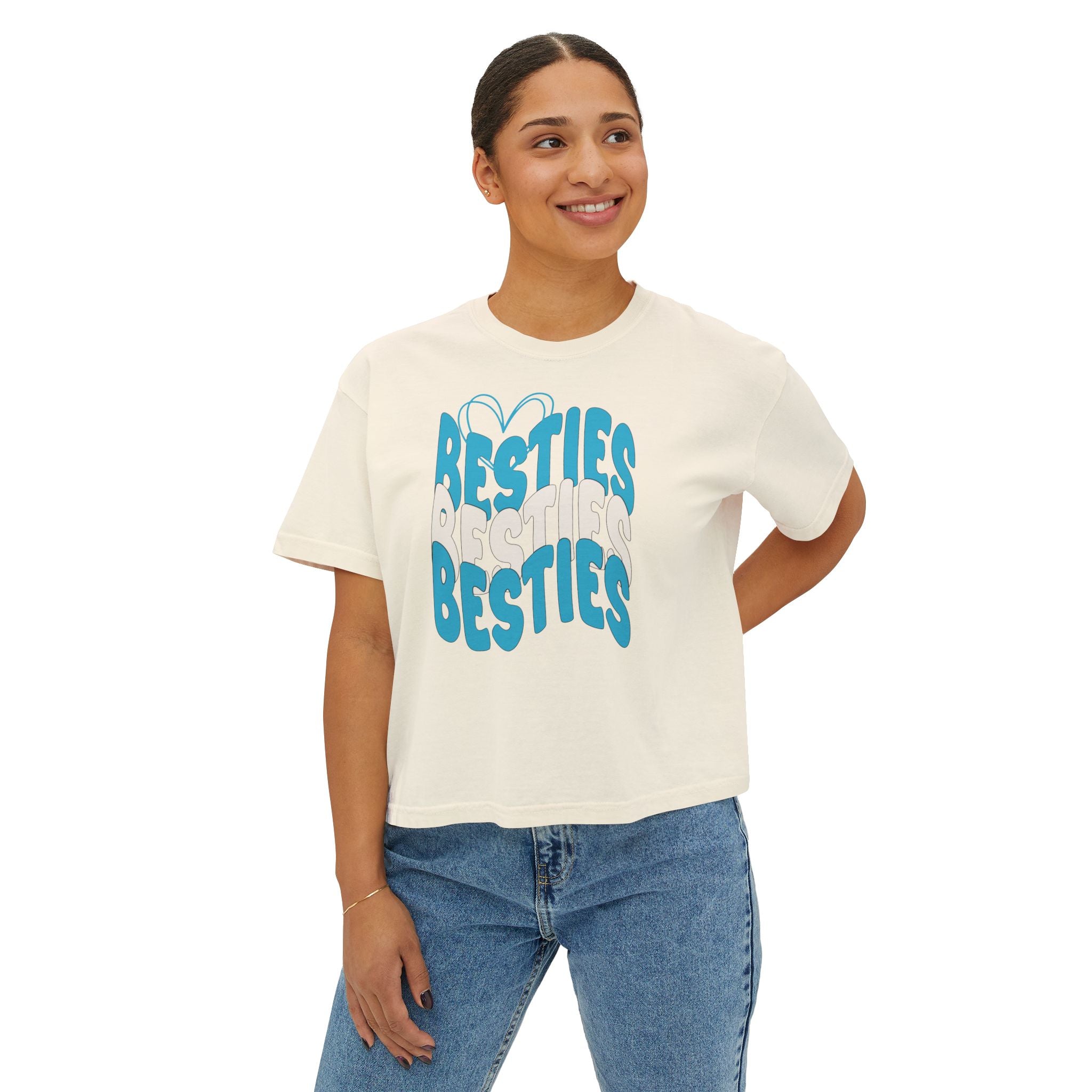 Besties Retro Boxy Tee — Blue Letters
