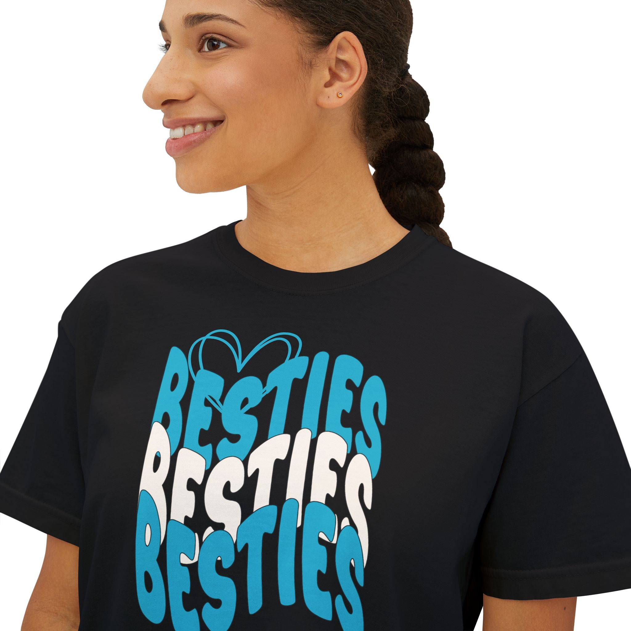 Besties Retro Boxy Tee — Blue Letters