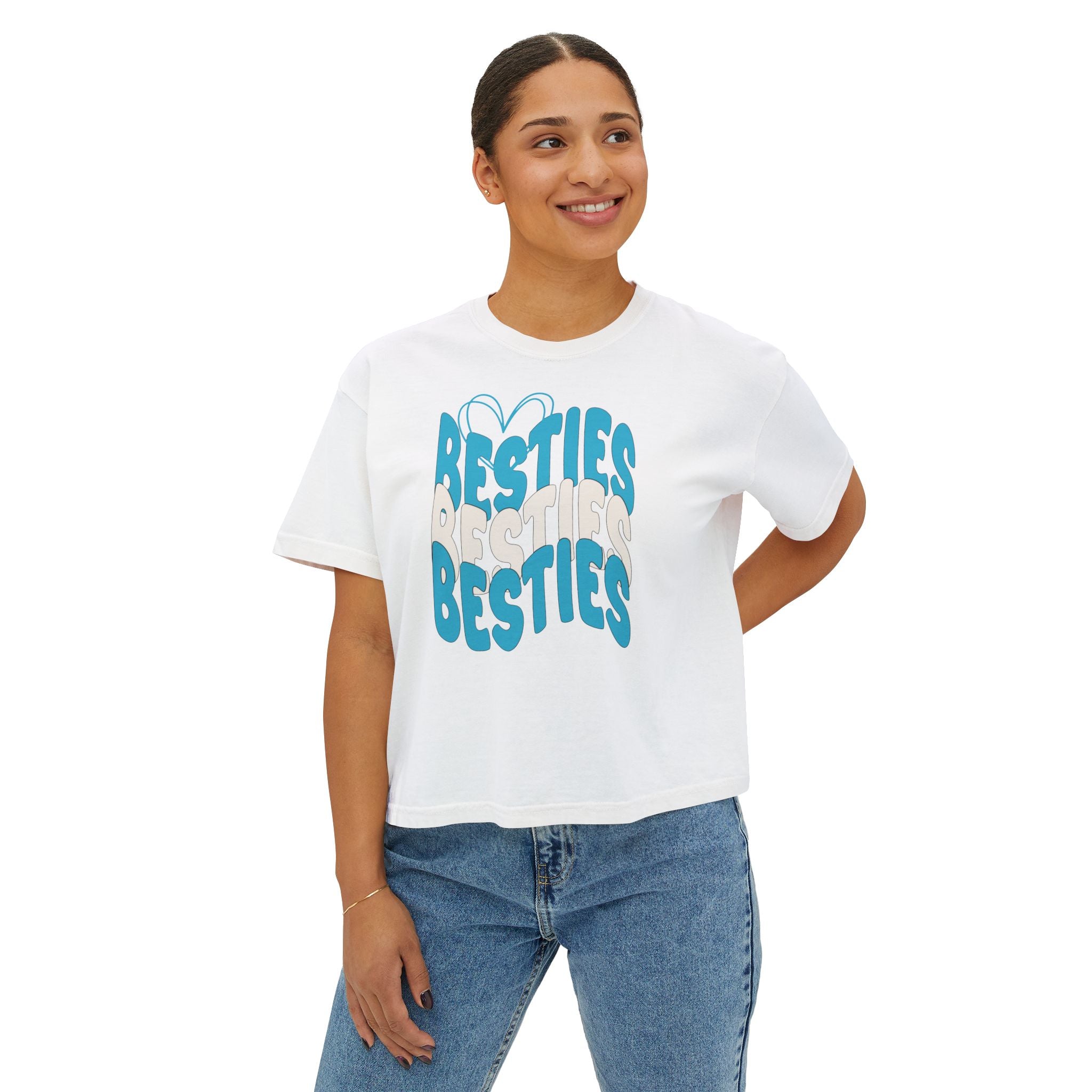 Besties Retro Boxy Tee — Blue Letters