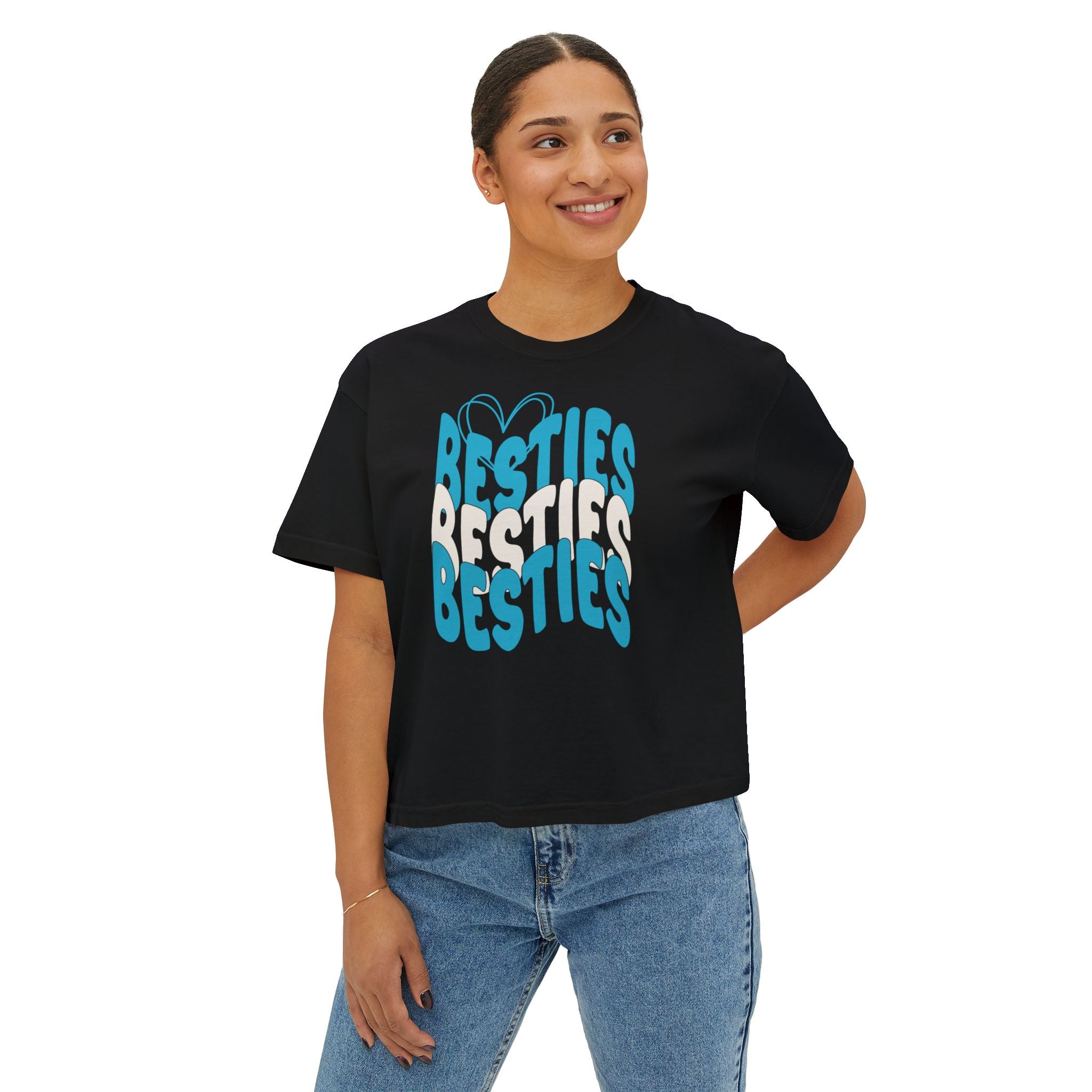 Besties Retro Boxy Tee — Blue Letters