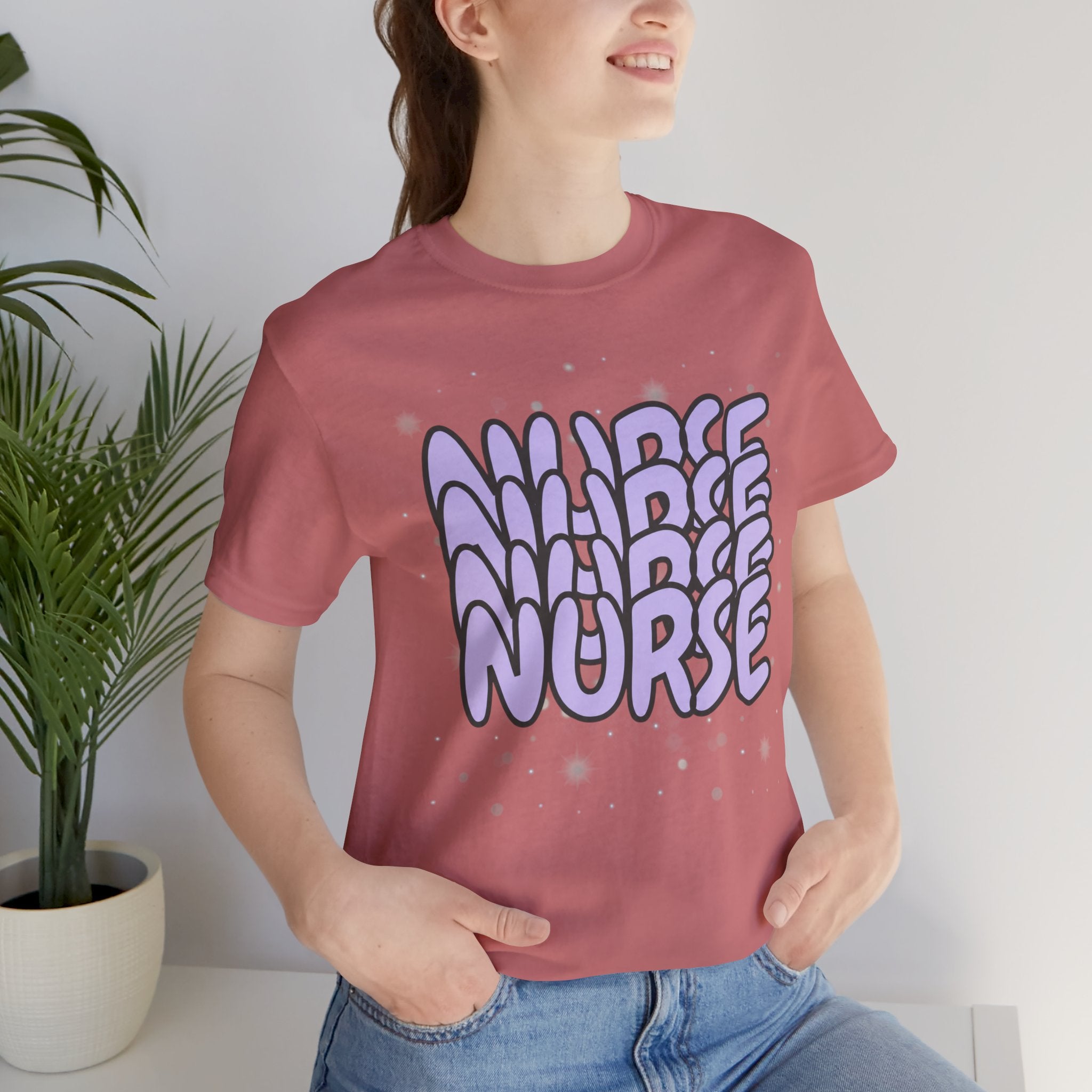 Nurse Retro Bubble Text Tee — Lavender "NURSE" Graphic T‑Shirt