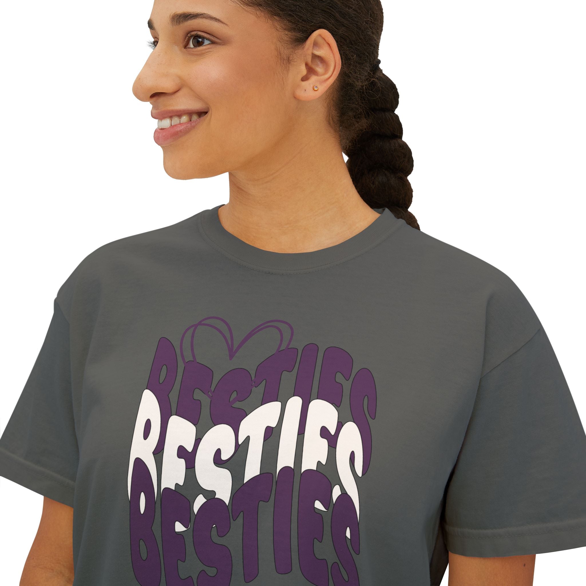 Besties Retro Boxy Tee — Plum Letters